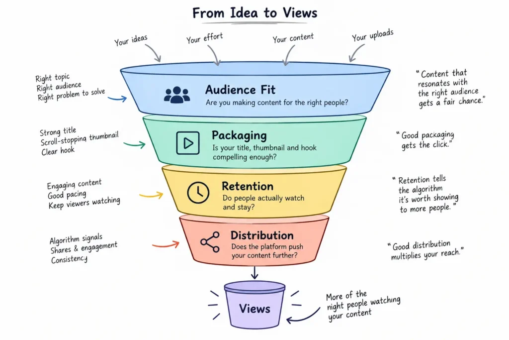 A four-stage content performance funnel: audience fit, packaging, retention, and distribution.