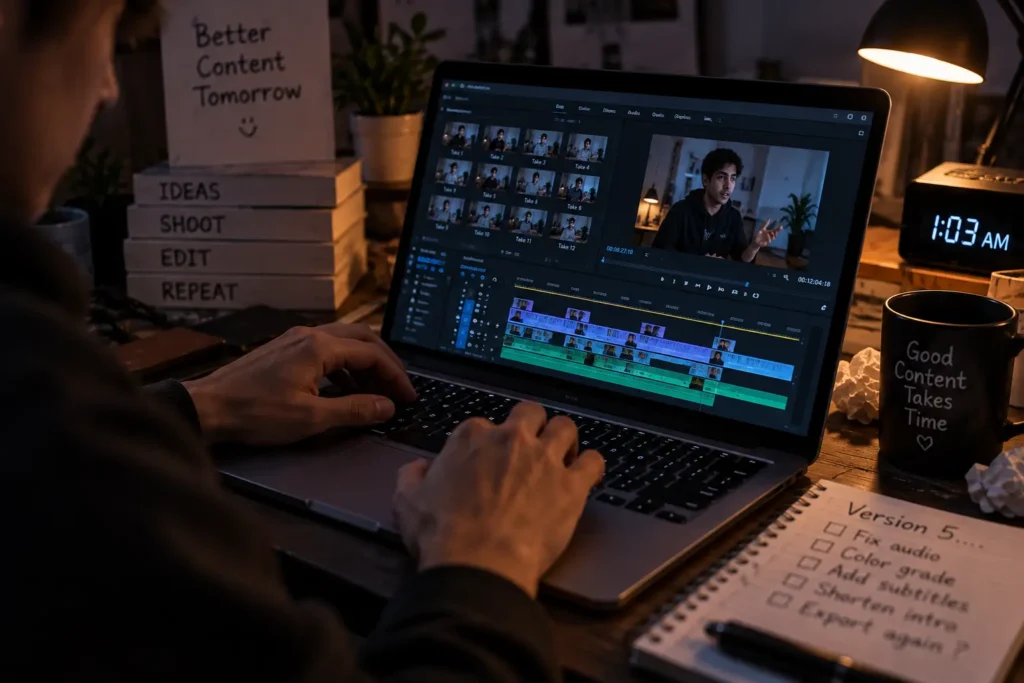 Creator editing raw footage - the unseen craft behind every finished video.
