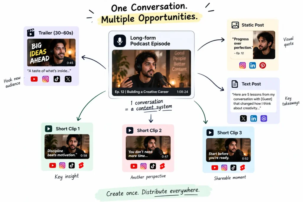 One podcast episode branching into a trailer, clips, static posts, and text posts as a distribution system.