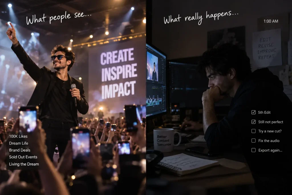 The public highlight reel versus the private reality of content creation.