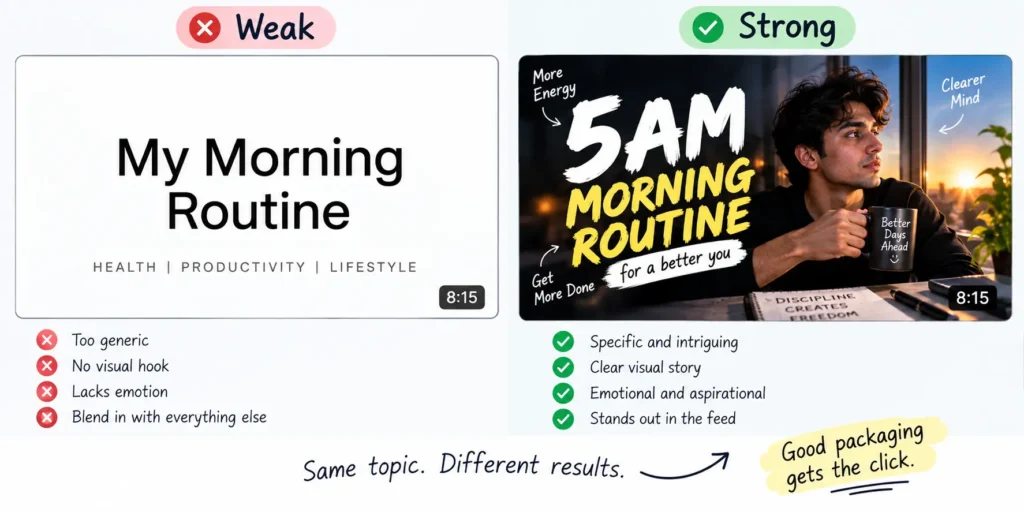 Comparison of a weak, generic thumbnail versus a strong, specific thumbnail.