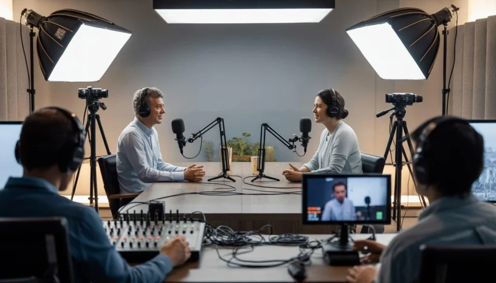 A central podcast interview connected visually to short clips, a YouTube episode, LinkedIn posts, quote graphics and a blog article.
