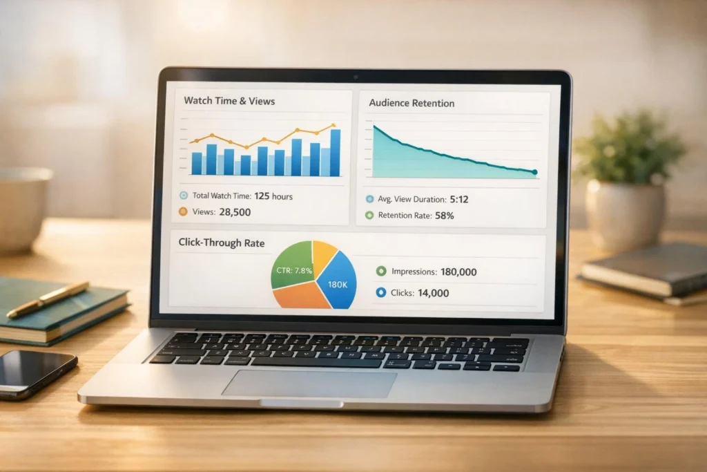 A content strategist reviewing video metadata, search performance, captions and content analytics on a laptop.
