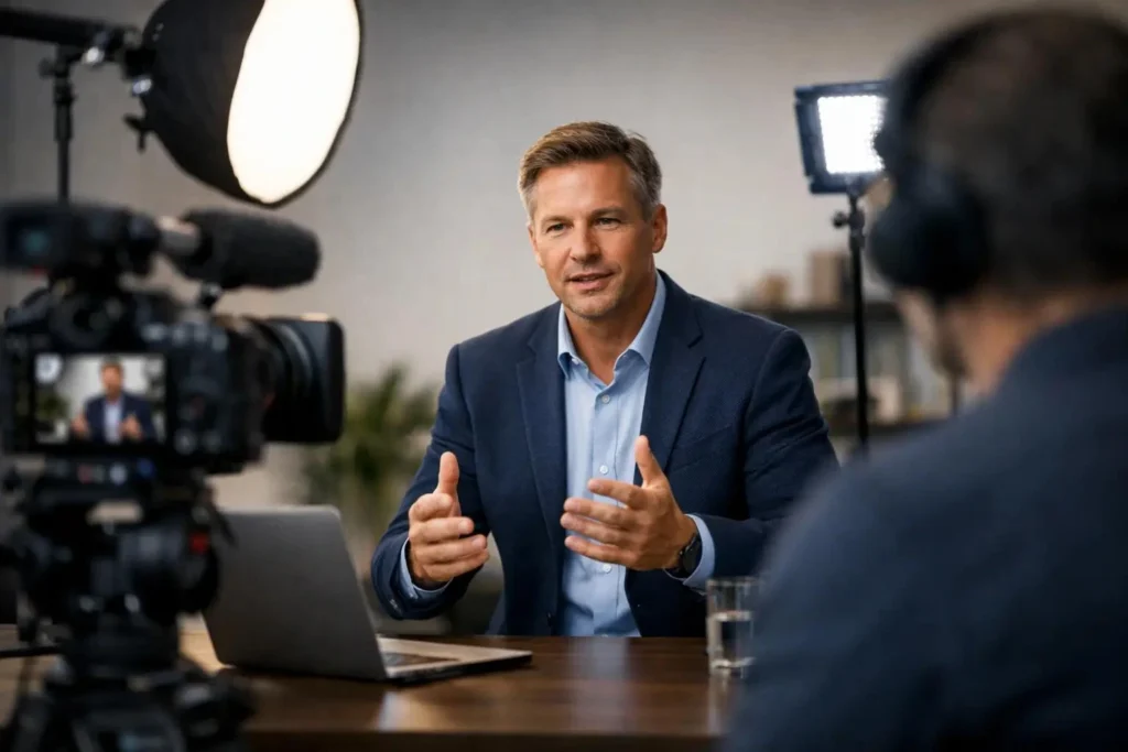 A genuine leadership interview or customer testimonial being filmed.